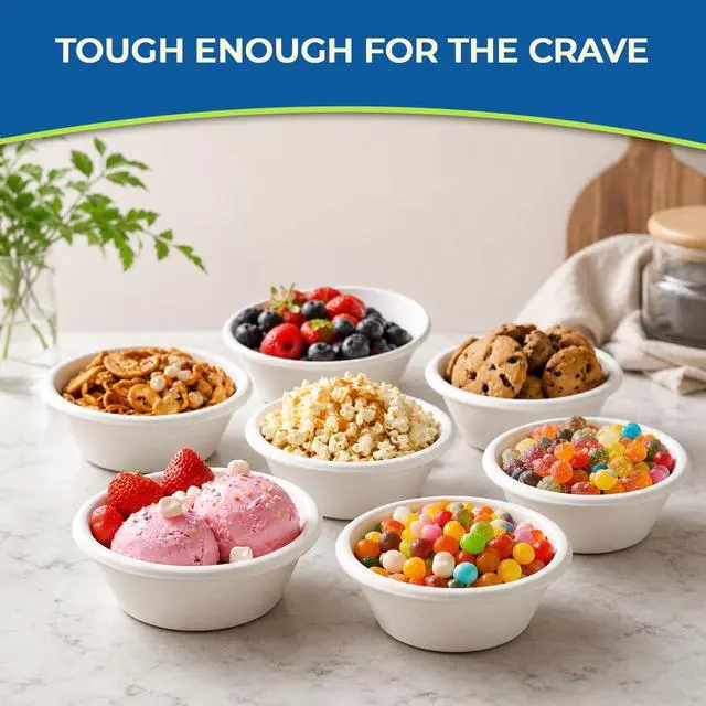 Alt view image 5 of 7 - . 6 oz Compostable Bagasse Bowls,200 Pack- Biodegradable Disposable Bowls, Heavy-Duty, Leak-Proof, Microwave Safe