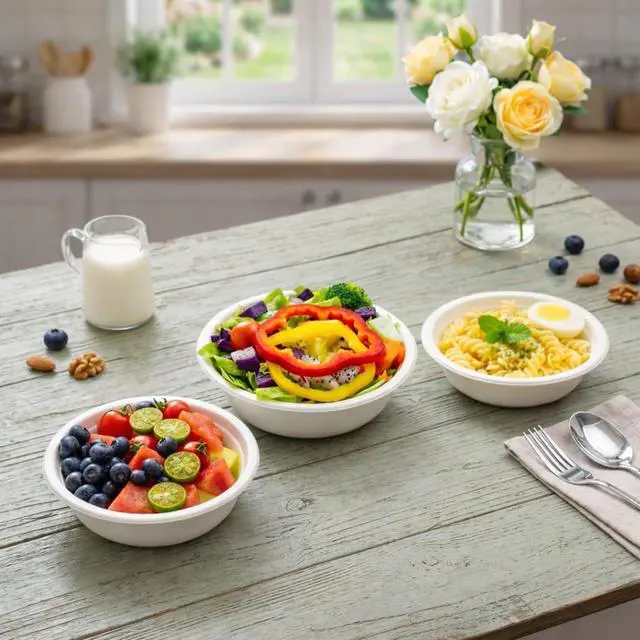 Alt view image 7 of 7 - . 6 oz Compostable Bagasse Bowls,200 Pack- Biodegradable Disposable Bowls, Heavy-Duty, Leak-Proof, Microwave Safe