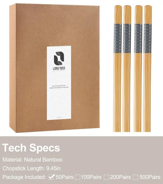 Alt view image 3 of 3 - 50 Pairs Bamboo Chopsticks Disposable | Separated | Reusable | Bulk Cooking Chop Sticks - 9.45in