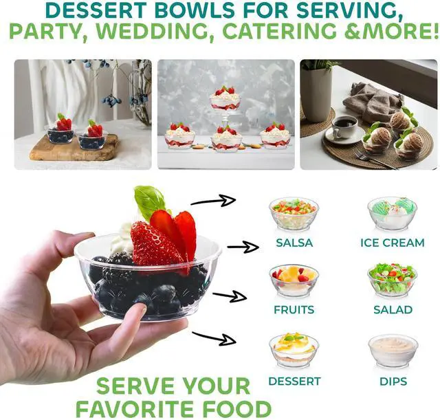 Alt view image 4 of 7 - Clear Mini Plastic Bowls - (Bulk 100 Pack) 6 Oz Disposable Premium Hard Plastic Dessert Bowls for Serving, Weddings, Catering, Parties, Salsa, Home or Event Party Supplies