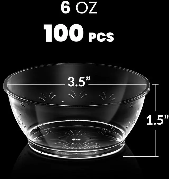 Alt view image 6 of 7 - Clear Mini Plastic Bowls - (Bulk 100 Pack) 6 Oz Disposable Premium Hard Plastic Dessert Bowls for Serving, Weddings, Catering, Parties, Salsa, Home or Event Party Supplies