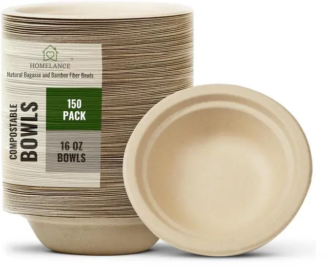 Main image of Compostable Bowls 16 OZ / 473 ml 150Pcs Bamboo & Bagasse Disposable Bowls for Hot Soup-Temperature Resistant & Microwave Safe Paper Bowls Disposable for Daily Meals (Pack of 150)