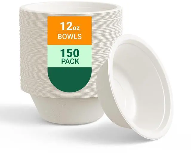 Main image of 150 Pack 12 oz Paper Bowls Disposable, Heavy-Duty Biodegradable Compostable Bowls Made of Natural Sugarcane Bagasse, Suitable for Salad, Dessert, Milk, Cereals