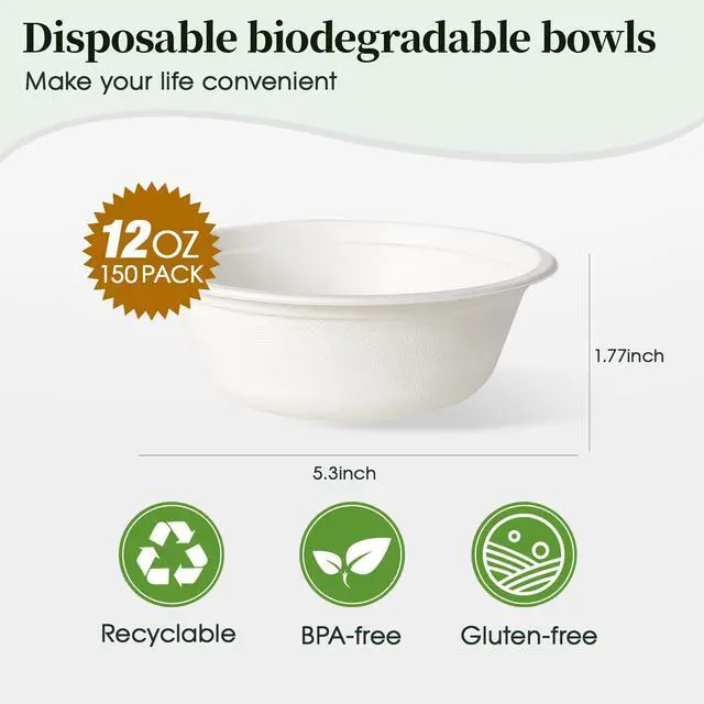 Alt view image 2 of 7 - 150 Pack 12 oz Paper Bowls Disposable, Heavy-Duty Biodegradable Compostable Bowls Made of Natural Sugarcane Bagasse, Suitable for Salad, Dessert, Milk, Cereals