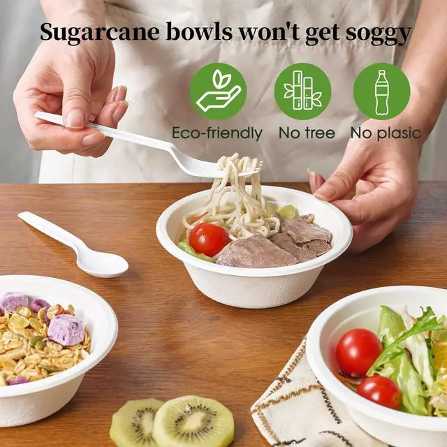 Alt view image 5 of 7 - 150 Pack 12 oz Paper Bowls Disposable, Heavy-Duty Biodegradable Compostable Bowls Made of Natural Sugarcane Bagasse, Suitable for Salad, Dessert, Milk, Cereals