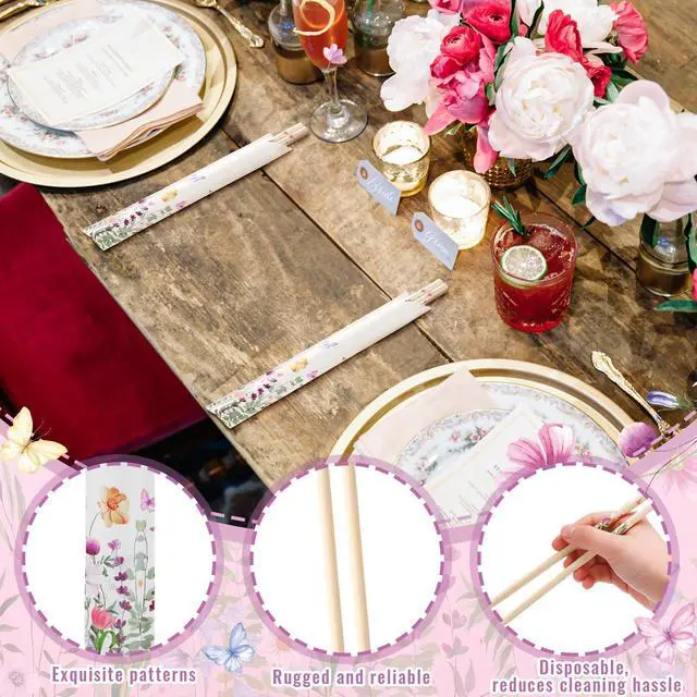 Alt view image 5 of 6 - 50 Pairs Cherry Blossom Chopsticks Bulk with Sleeved Blue Flower Disposable Bamboo Eucalyptus Chopsticks Wedding Favors Chinese Japanese Food Supply for Takeout Picnic(Wildflower)