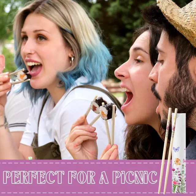 Alt view image 6 of 6 - 50 Pairs Cherry Blossom Chopsticks Bulk with Sleeved Blue Flower Disposable Bamboo Eucalyptus Chopsticks Wedding Favors Chinese Japanese Food Supply for Takeout Picnic(Wildflower)