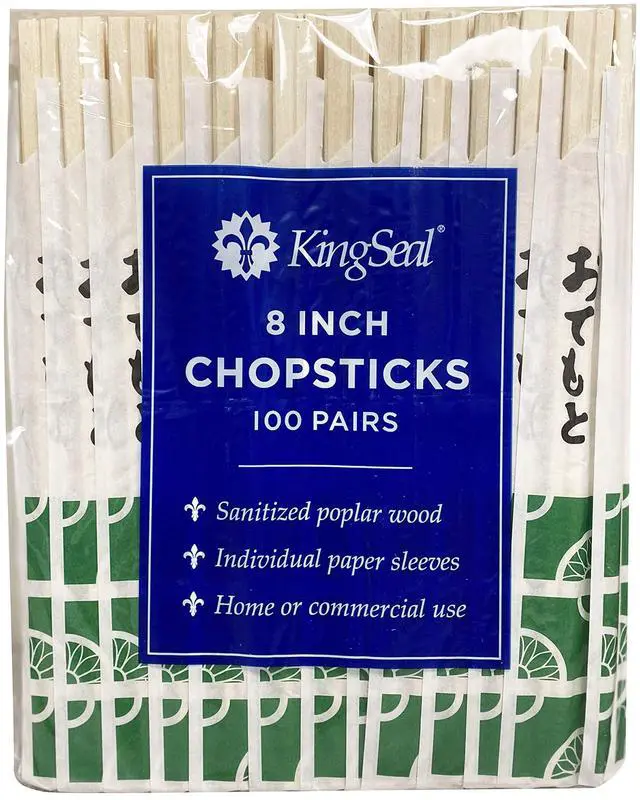 Main image of 200 Count | KingSeal 8 Inch Natural Poplar Disposable Wood Chopsticks, Paper Sleeve, Waribashi, Bulk Pack - 2 Packs x 100 Pairs