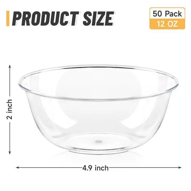 Alt view image 2 of 7 - 12 oz Small Clear Plastic Bowls, 50 Pack Disposable Hard Plastic Party Serving Bowls for Salads, Ice Creams, Fruit, Desserts, Parfaits, Snacks