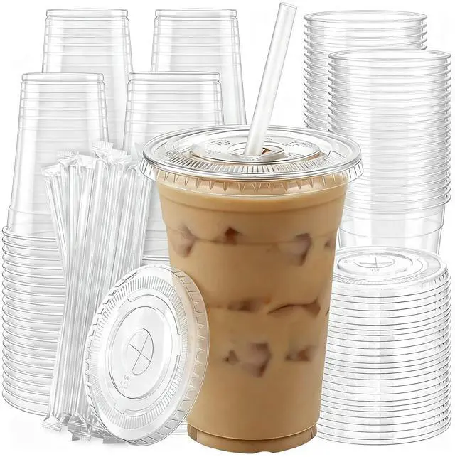Main image of 100 Pack 16 oz Plastic Cups with Lids and Straws, Clear Disposable Plastic Cups, Heavy Duty Iced Coffee Cups with Leak-Resistant Lids, Cold Drink Cups for Juice, Coffee and Milk Tea & Party To Go