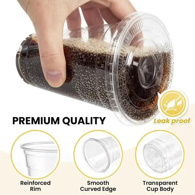 Alt view image 3 of 7 - 100 Pack 16 oz Plastic Cups with Lids and Straws, Clear Disposable Plastic Cups, Heavy Duty Iced Coffee Cups with Leak-Resistant Lids, Cold Drink Cups for Juice, Coffee and Milk Tea & Party To Go