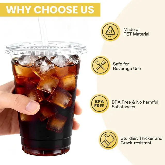 Alt view image 4 of 7 - 100 Pack 16 oz Plastic Cups with Lids and Straws, Clear Disposable Plastic Cups, Heavy Duty Iced Coffee Cups with Leak-Resistant Lids, Cold Drink Cups for Juice, Coffee and Milk Tea & Party To Go
