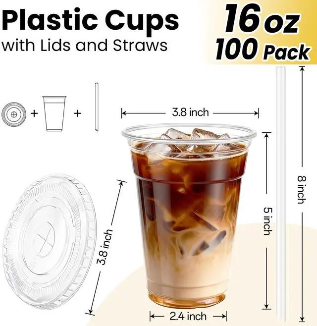 Alt view image 5 of 7 - 100 Pack 16 oz Plastic Cups with Lids and Straws, Clear Disposable Plastic Cups, Heavy Duty Iced Coffee Cups with Leak-Resistant Lids, Cold Drink Cups for Juice, Coffee and Milk Tea & Party To Go