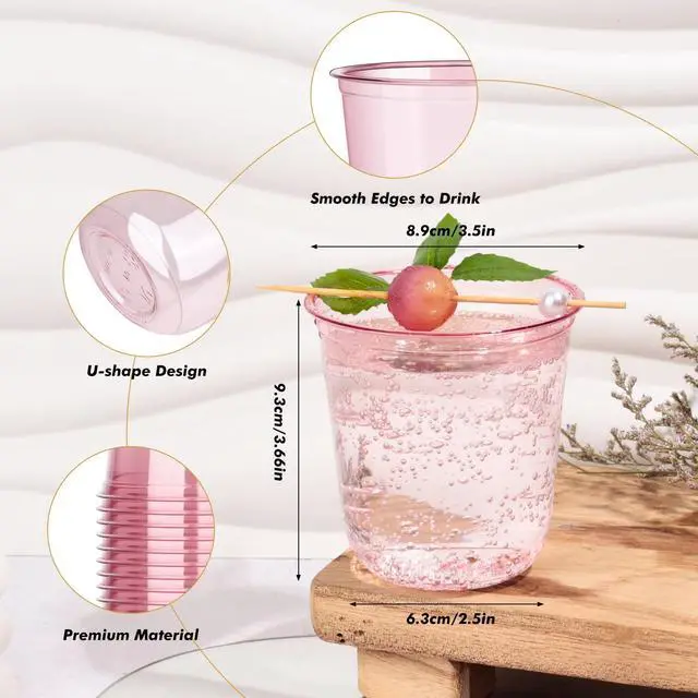Alt view image 2 of 7 - 50 Pcs Pink Plastic Cups, 12oz Disposable Stemless Wine Glasses for Cocktail Cute Clear Cocktail Wine Glasses Pink Party Cups for Valentine's Galentine's Day Wedding Christmas Party