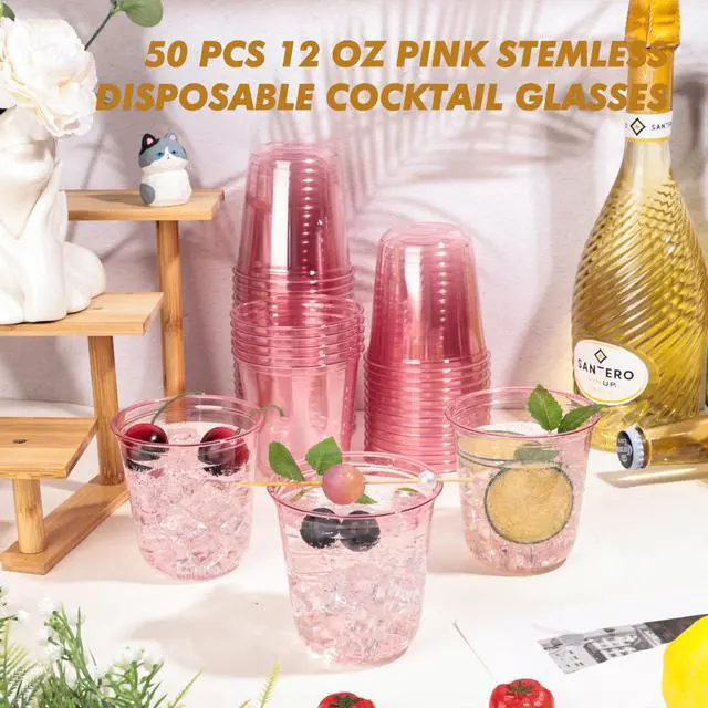 Alt view image 3 of 7 - 50 Pcs Pink Plastic Cups, 12oz Disposable Stemless Wine Glasses for Cocktail Cute Clear Cocktail Wine Glasses Pink Party Cups for Valentine's Galentine's Day Wedding Christmas Party
