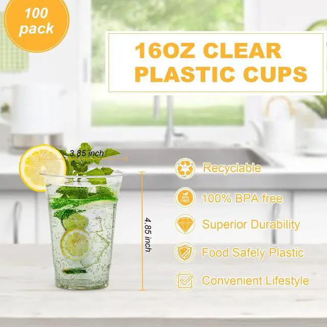 Alt view image 2 of 7 - 100 Count - 16 Ounce Plastic Cups, Ice Coffee Cups To Go - Crystal Clear PET Party Cups