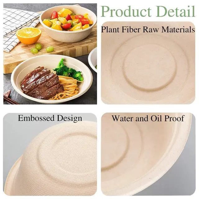 Alt view image 3 of 7 - 100 Pack 12 oz Disposable Paper Bowls, Heavy Duty Compostable, Eco-friendly Bagasse Bowls for Parties, Restaurants, Catering