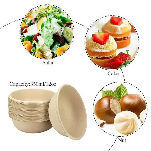 Alt view image 6 of 7 - 100 Pack 12 oz Disposable Paper Bowls, Heavy Duty Compostable, Eco-friendly Bagasse Bowls for Parties, Restaurants, Catering