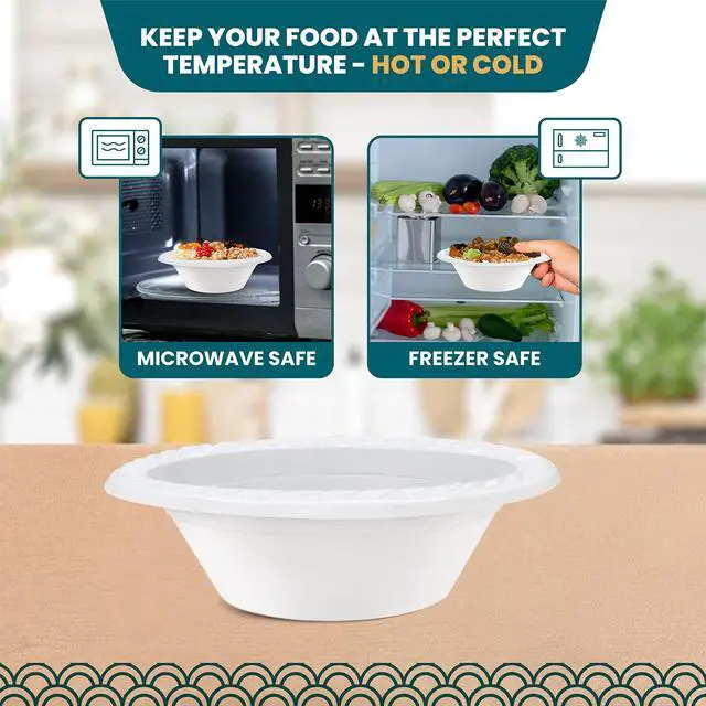 Alt view image 5 of 6 - Plastic Bowls - 100 Count Microwavable Disposable Bowls - Strong Heavy Duty And Sturdy White Plastic Bowls Disposable (12 OZ, 100)