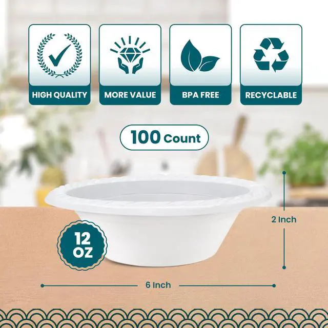 Alt view image 6 of 6 - Plastic Bowls - 100 Count Microwavable Disposable Bowls - Strong Heavy Duty And Sturdy White Plastic Bowls Disposable (12 OZ, 100)