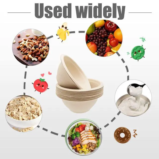 Alt view image 3 of 7 - 100 Pack 8oz Compostable Paper Bowls,Heavy-Duty Disposable Natural Bagasse Bowls,Biodegradable Soup Bowls,Eco-Friendly,Heat Resistant,for Ice Cream,Salad,Soup,Snack,Dessert,Pasta,Hot or Cold Use