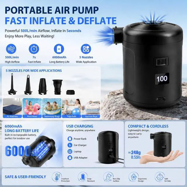 Alt view image 4 of 7 - Portable Air Pump for Inflatables, 6000mAh Electric Air Mattress Pump with Digital Display, Fast Inflate & Deflate, 5 Air Nozzles for Air Mattress, Pool Floats, Camping, Vacuum Bags & Inflatable Beds