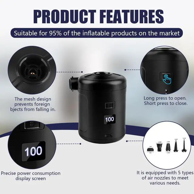 Alt view image 5 of 7 - Portable Air Pump for Inflatables, 6000mAh Electric Air Mattress Pump with Digital Display, Fast Inflate & Deflate, 5 Air Nozzles for Air Mattress, Pool Floats, Camping, Vacuum Bags & Inflatable Beds