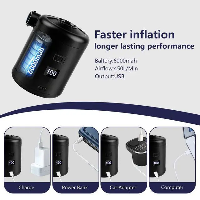 Alt view image 6 of 7 - Portable Air Pump for Inflatables, 6000mAh Electric Air Mattress Pump with Digital Display, Fast Inflate & Deflate, 5 Air Nozzles for Air Mattress, Pool Floats, Camping, Vacuum Bags & Inflatable Beds