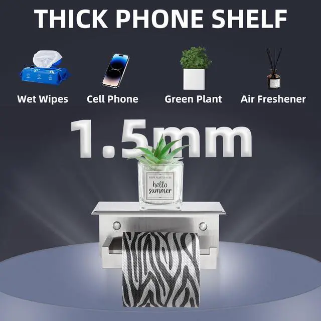 Alt view image 4 of 7 - Brushed Nickel Toilet Paper Holder with Phone Shelf, 304 Stainless Steel Toilet Tissue Roll Holder, Wall Mounted Bathroom Paper Roll Dispenser