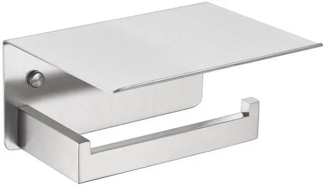 Main image of Brushed Nickel Toilet Paper Holder with Phone Shelf, 304 Stainless Steel Toilet Tissue Roll Holder, Wall Mounted Bathroom Paper Roll Dispenser