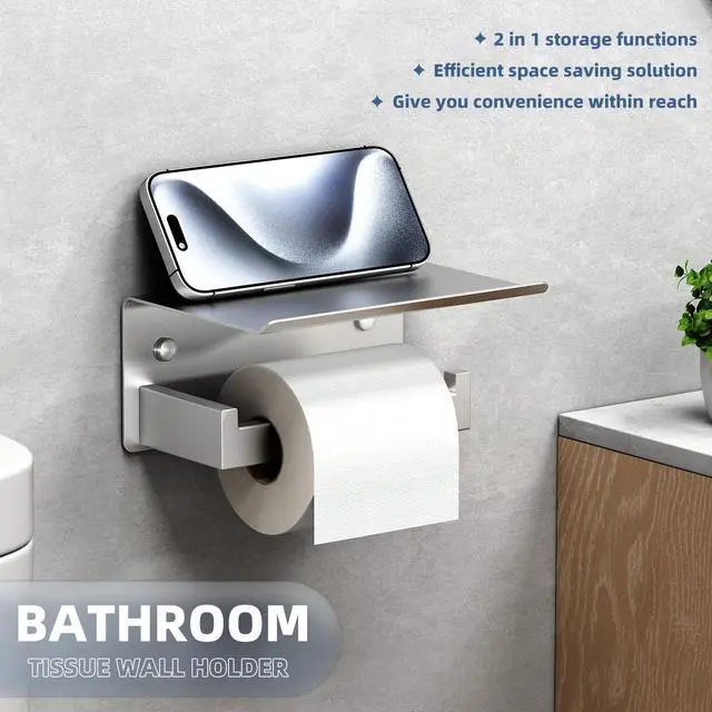 Alt view image 3 of 7 - Brushed Nickel Toilet Paper Holder with Phone Shelf, 304 Stainless Steel Toilet Tissue Roll Holder, Wall Mounted Bathroom Paper Roll Dispenser