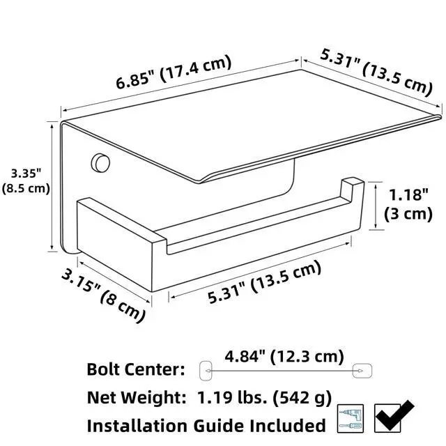 Alt view image 2 of 7 - Brushed Nickel Toilet Paper Holder with Phone Shelf, 304 Stainless Steel Toilet Tissue Roll Holder, Wall Mounted Bathroom Paper Roll Dispenser