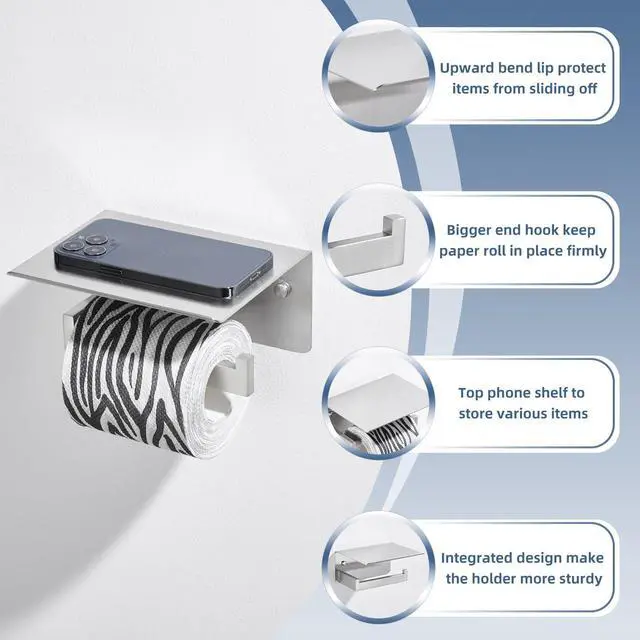 Alt view image 5 of 7 - Brushed Nickel Toilet Paper Holder with Phone Shelf, 304 Stainless Steel Toilet Tissue Roll Holder, Wall Mounted Bathroom Paper Roll Dispenser