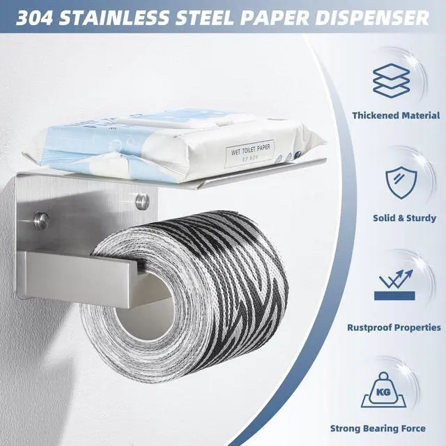 Alt view image 7 of 7 - Brushed Nickel Toilet Paper Holder with Phone Shelf, 304 Stainless Steel Toilet Tissue Roll Holder, Wall Mounted Bathroom Paper Roll Dispenser