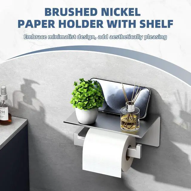 Alt view image 6 of 7 - Brushed Nickel Toilet Paper Holder with Phone Shelf, 304 Stainless Steel Toilet Tissue Roll Holder, Wall Mounted Bathroom Paper Roll Dispenser