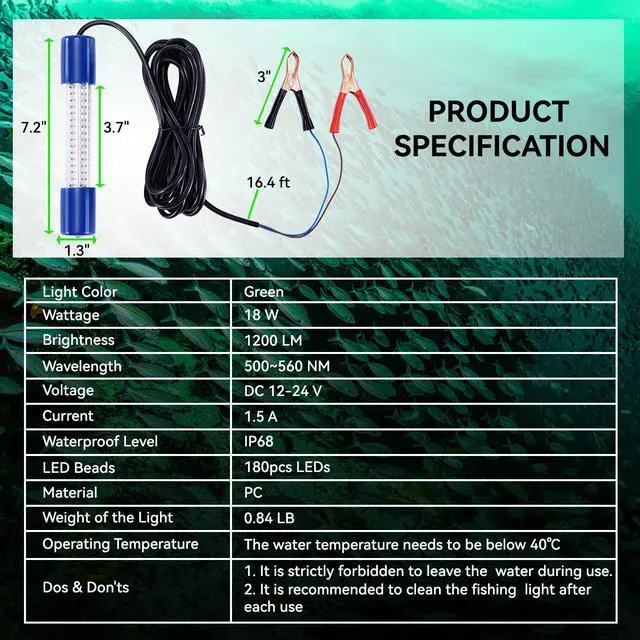 Alt view image 7 of 7 - 18W Green Underwater Fishing Light, IP68 Waterproof LED Fish Bait Light 1200LM Submersible Attractants Lamp on Boats/Docks for Night Snook Crappie with Battery Clips, DC 12-24V, 16.4ft Cable