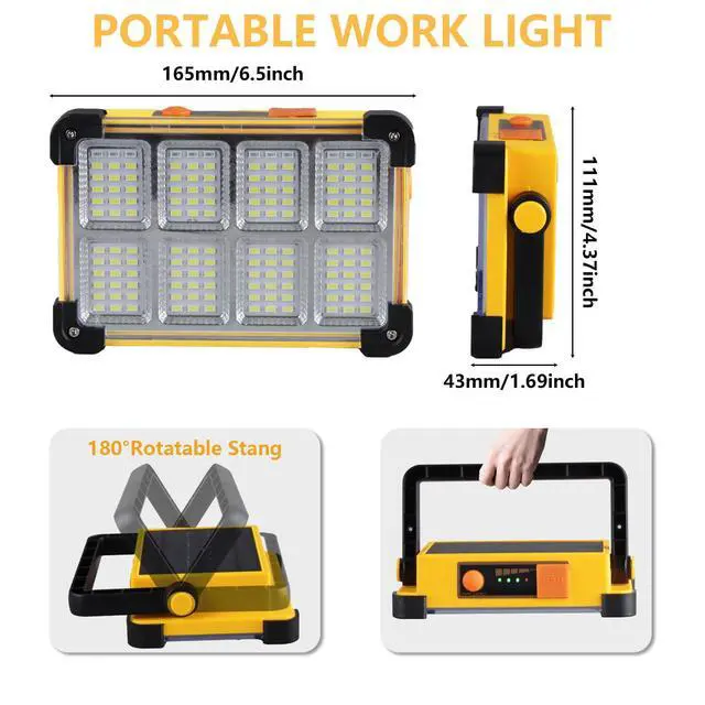 Alt view image 3 of 7 - 120W LED Solar Work Light, 144 LED 10000LM Portable Flood Light with Stand, 4 Modes Rechargeable, IP65 Waterproof Outdoor Working Light for Camping, Fishing, Car Repair & Mechanics (Yellow)