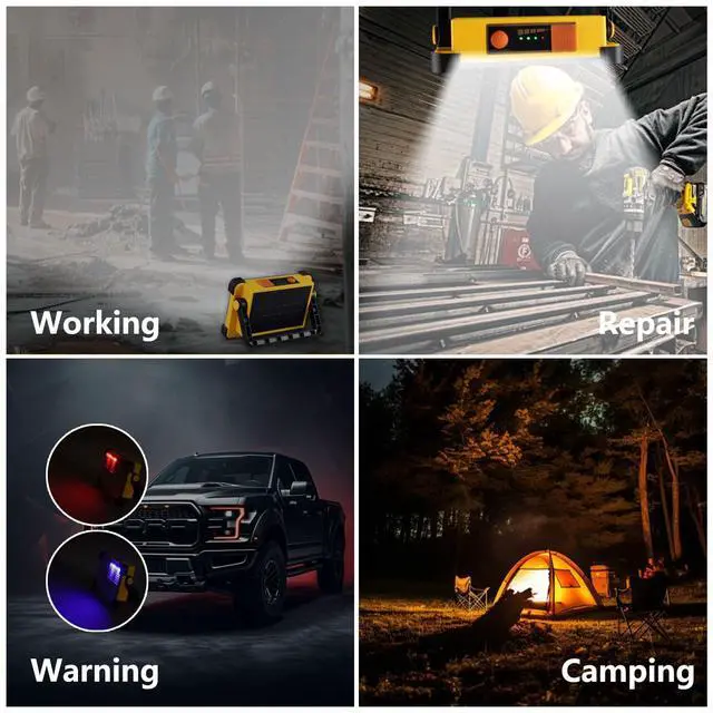 Alt view image 7 of 7 - 120W LED Solar Work Light, 144 LED 10000LM Portable Flood Light with Stand, 4 Modes Rechargeable, IP65 Waterproof Outdoor Working Light for Camping, Fishing, Car Repair & Mechanics (Yellow)