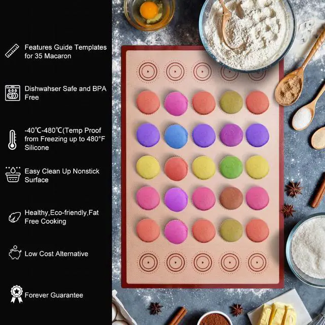 Alt view image 2 of 7 - Macaron Silicone Baking Mats Kit (16pcs set) Macaroon Baking Mat Set of 2 Half Sheet Macaron Silicone Mat Nonstick Macaron Mat Sheet,6 Piping Tip,2 Piping Bag with 3 Bag Tie,2 coupler