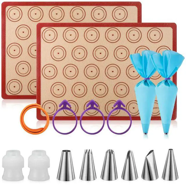 Main image of Macaron Silicone Baking Mats Kit (16pcs set) Macaroon Baking Mat Set of 2 Half Sheet Macaron Silicone Mat Nonstick Macaron Mat Sheet,6 Piping Tip,2 Piping Bag with 3 Bag Tie,2 coupler
