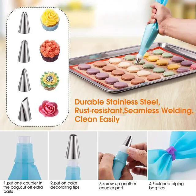 Alt view image 4 of 7 - Macaron Silicone Baking Mats Kit (16pcs set) Macaroon Baking Mat Set of 2 Half Sheet Macaron Silicone Mat Nonstick Macaron Mat Sheet,6 Piping Tip,2 Piping Bag with 3 Bag Tie,2 coupler