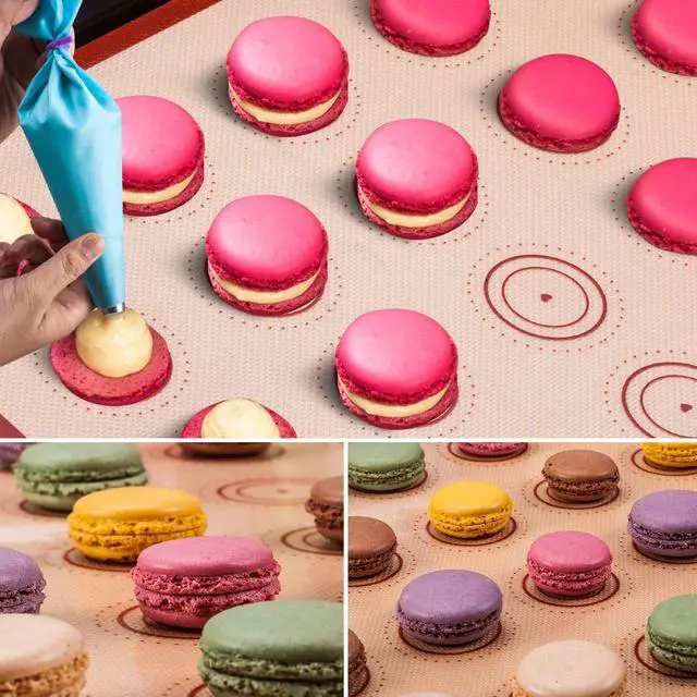 Alt view image 7 of 7 - Macaron Silicone Baking Mats Kit (16pcs set) Macaroon Baking Mat Set of 2 Half Sheet Macaron Silicone Mat Nonstick Macaron Mat Sheet,6 Piping Tip,2 Piping Bag with 3 Bag Tie,2 coupler