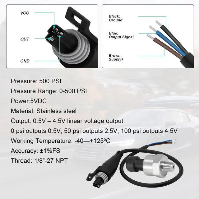 Alt view image 5 of 6 - 500 PSI Pressure Transducer Sender Sensor with 1/8" -27 NPT 316 Stainless Steel Thread and Harness Connector for Oil Fuel Air Water Pressure