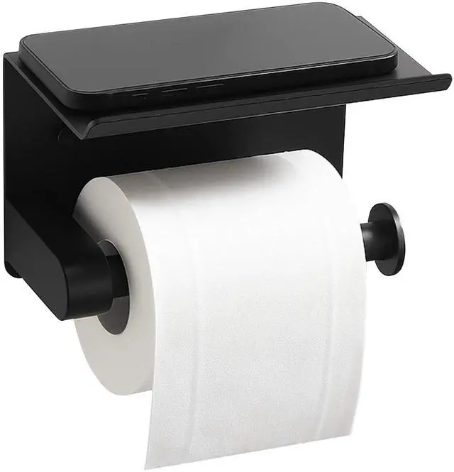 Main image of Toilet Paper Holder with Shelf, Matte Black Rustproof Adhesive or Drill Installation Fits Mega Rolls Bathroom Tissue Holder