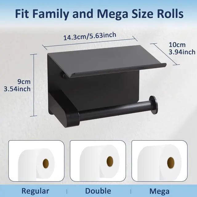 Alt view image 2 of 6 - Toilet Paper Holder with Shelf, Matte Black Rustproof Adhesive or Drill Installation Fits Mega Rolls Bathroom Tissue Holder