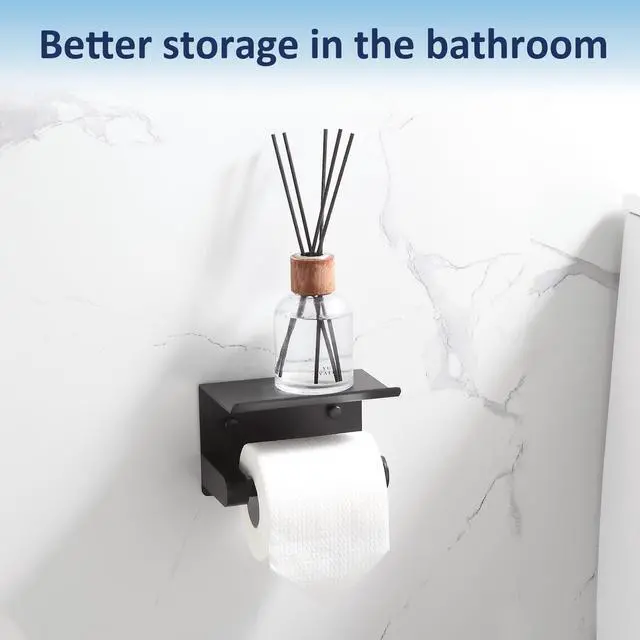 Alt view image 3 of 6 - Toilet Paper Holder with Shelf, Matte Black Rustproof Adhesive or Drill Installation Fits Mega Rolls Bathroom Tissue Holder