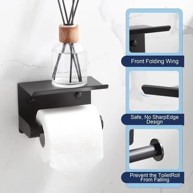 Alt view image 6 of 6 - Toilet Paper Holder with Shelf, Matte Black Rustproof Adhesive or Drill Installation Fits Mega Rolls Bathroom Tissue Holder