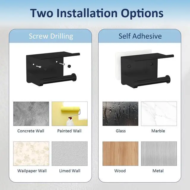 Alt view image 4 of 6 - Toilet Paper Holder with Shelf, Matte Black Rustproof Adhesive or Drill Installation Fits Mega Rolls Bathroom Tissue Holder