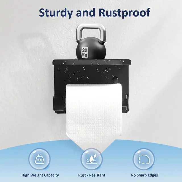 Alt view image 5 of 6 - Toilet Paper Holder with Shelf, Matte Black Rustproof Adhesive or Drill Installation Fits Mega Rolls Bathroom Tissue Holder