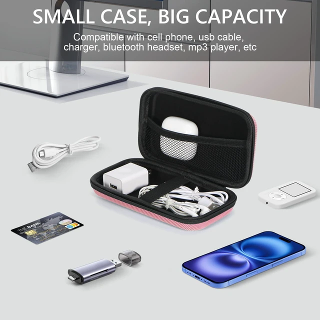 Alt view image 2 of 7 - Pink Portable Hard EVA Case, Small Zipper Travel Pouch Organizer | High Protection Bag for Battery, GPS, Hard Drive, Cell Phone, Charging Cable, Cord, Electronic Organizer